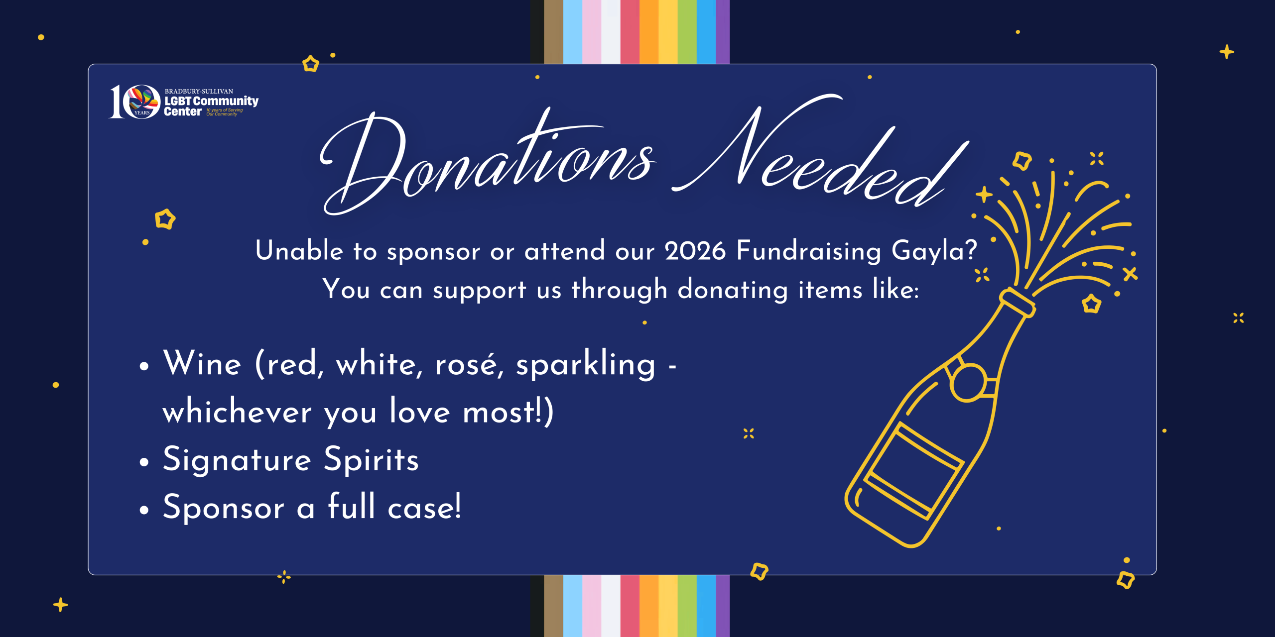 Graphic stating Donations Needed for the Care Cupboard Pantry at Bradbury-Sullivan LGBT Community Center, featuring an illustration of a box filled with food items like bread, milk, and canned goods.