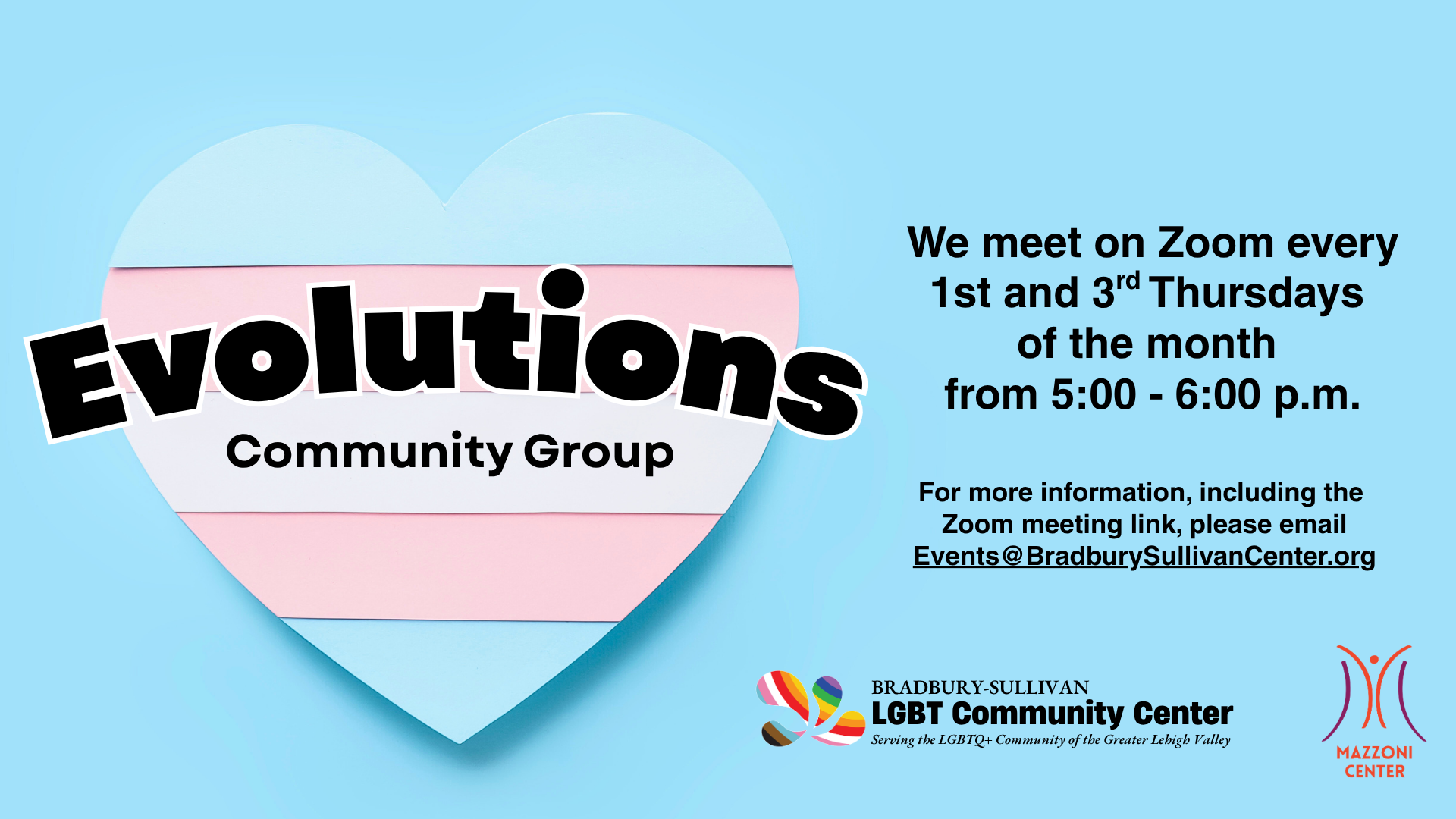 Evolutions Community Group promotional banner featuring stylized abstract shapes and text announcing the virtual drop-in support space for individuals identifying along the transgender spectrum or questioning their gender identity.