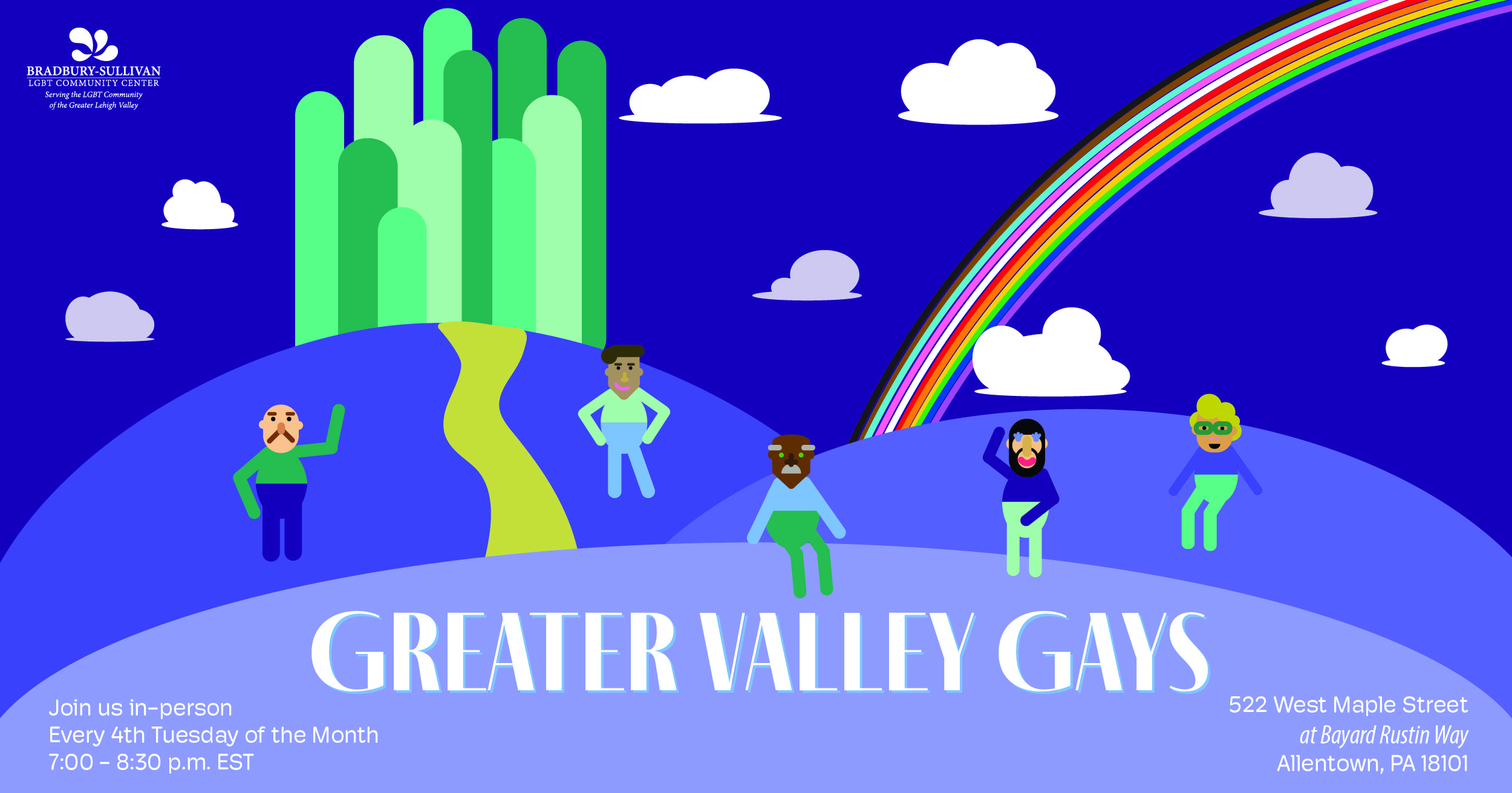 Greater Valley Gays promotional graphic: A stylized purple landscape with rolling hills, a green hill-topped city, and a sweeping rainbow. Illustrated people are gathered together above the event text detailing the group's monthly schedule and location instructions.