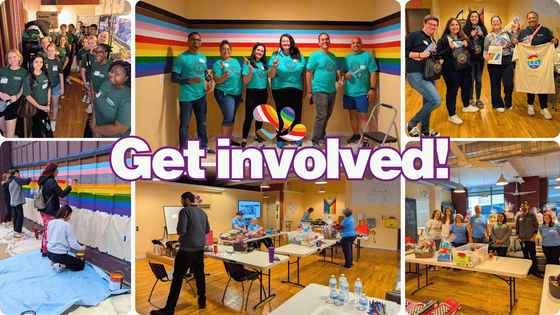 A photo collage of community members smiling, laughing, and interacting at Bradbury-Sullivan LGBT Community Center events.