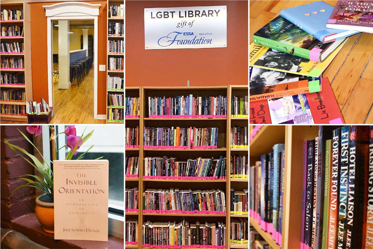 A photo collage of the LGBT Library featuring filled bookshelves, close-ups of several LGBT-themed books, and a wall plaque reading 'LGBT LIBRARY gift of ESSA Bank & Trust Foundation'.