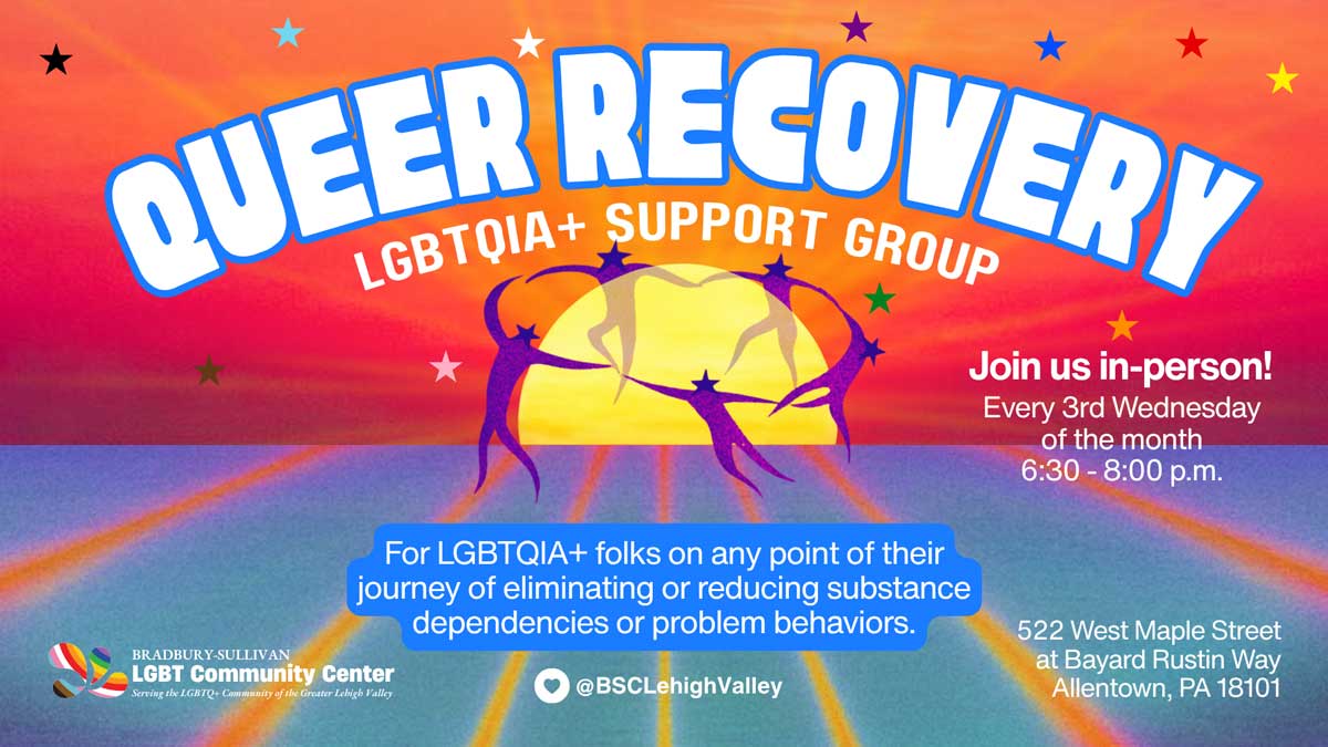 Event flyer for the Queer Recovery LGBTQIA+ Support Group