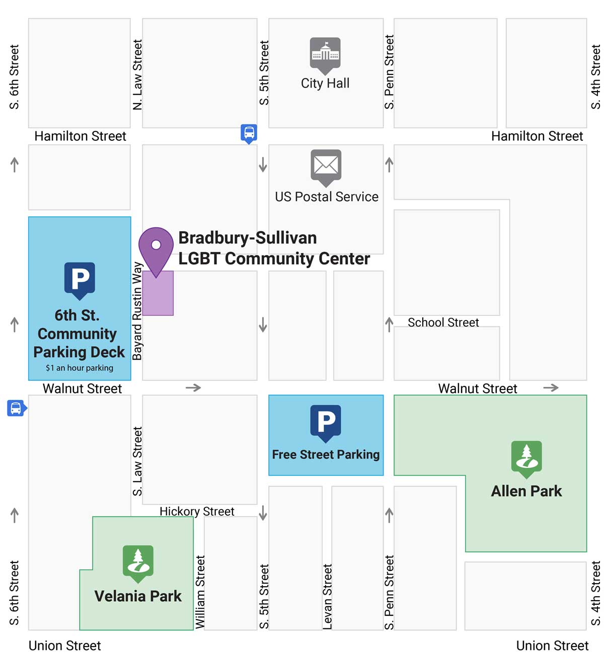 Map showing location of the Bradbury-Sullivan LGBT Community Center