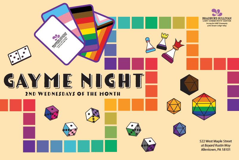 Gayme Night promotional flyer: A rainbow board game track features colorful dice, playing cards, chess pieces, and various Pride flag designs alongside the text 'Gayme Night / 2nd Wednesdays of the Month.'